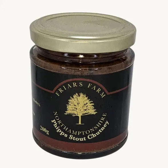 Phipps Stout Chutney by Friars Farm in a 200g jar, showcasing the rich, dark chutney with a textured surface.