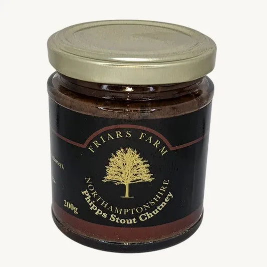 Phipps Stout Chutney by Friars Farm in a 200g jar, showcasing the rich, dark chutney with a textured surface.