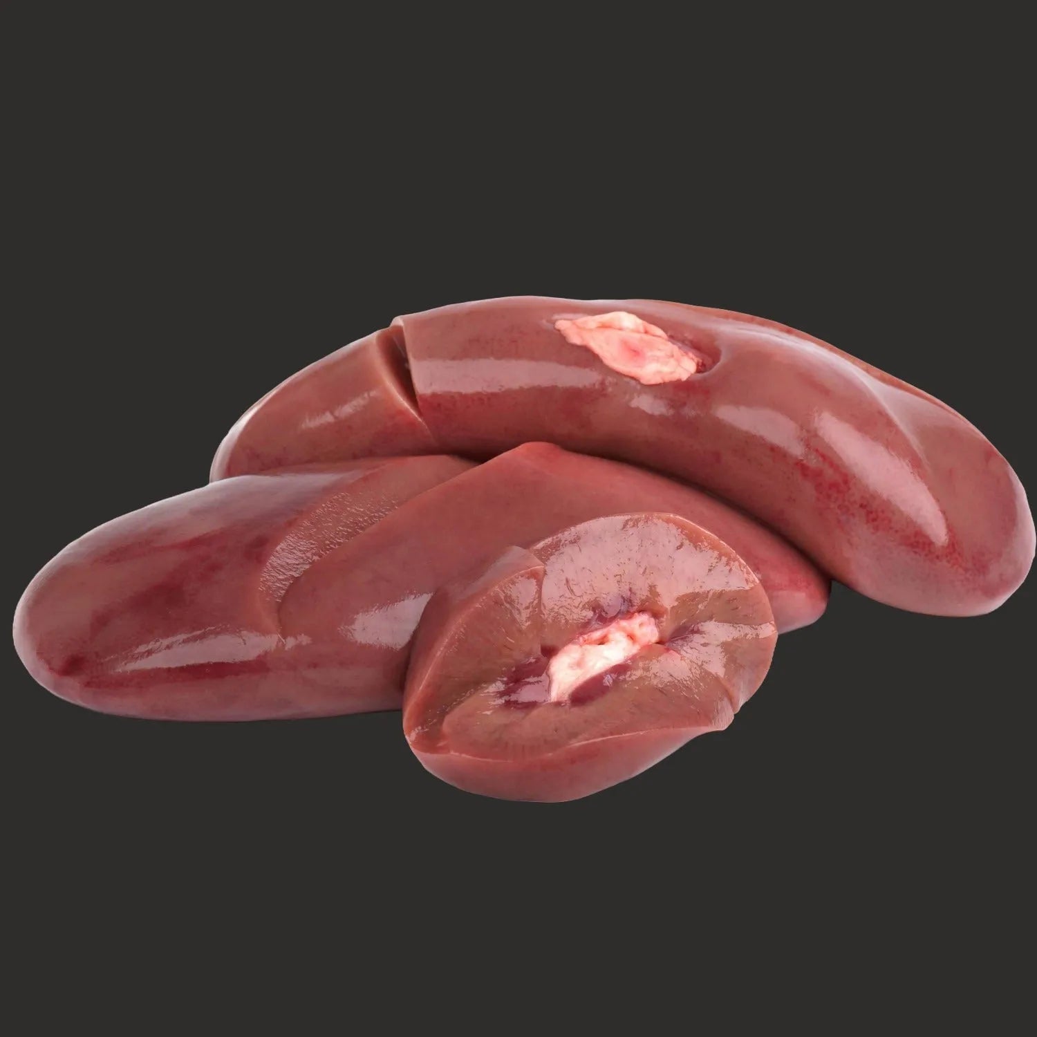 Fresh pigs kidneys from Primrose Herd, showing off their rich red color and smooth texture, ideal for offal cooking.