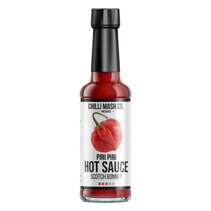 Piri Piri Style Hot Sauce by Chilli Mash Co. in 150ml bottle, featuring Scotch Bonnet chili mash and vibrant red sauce.