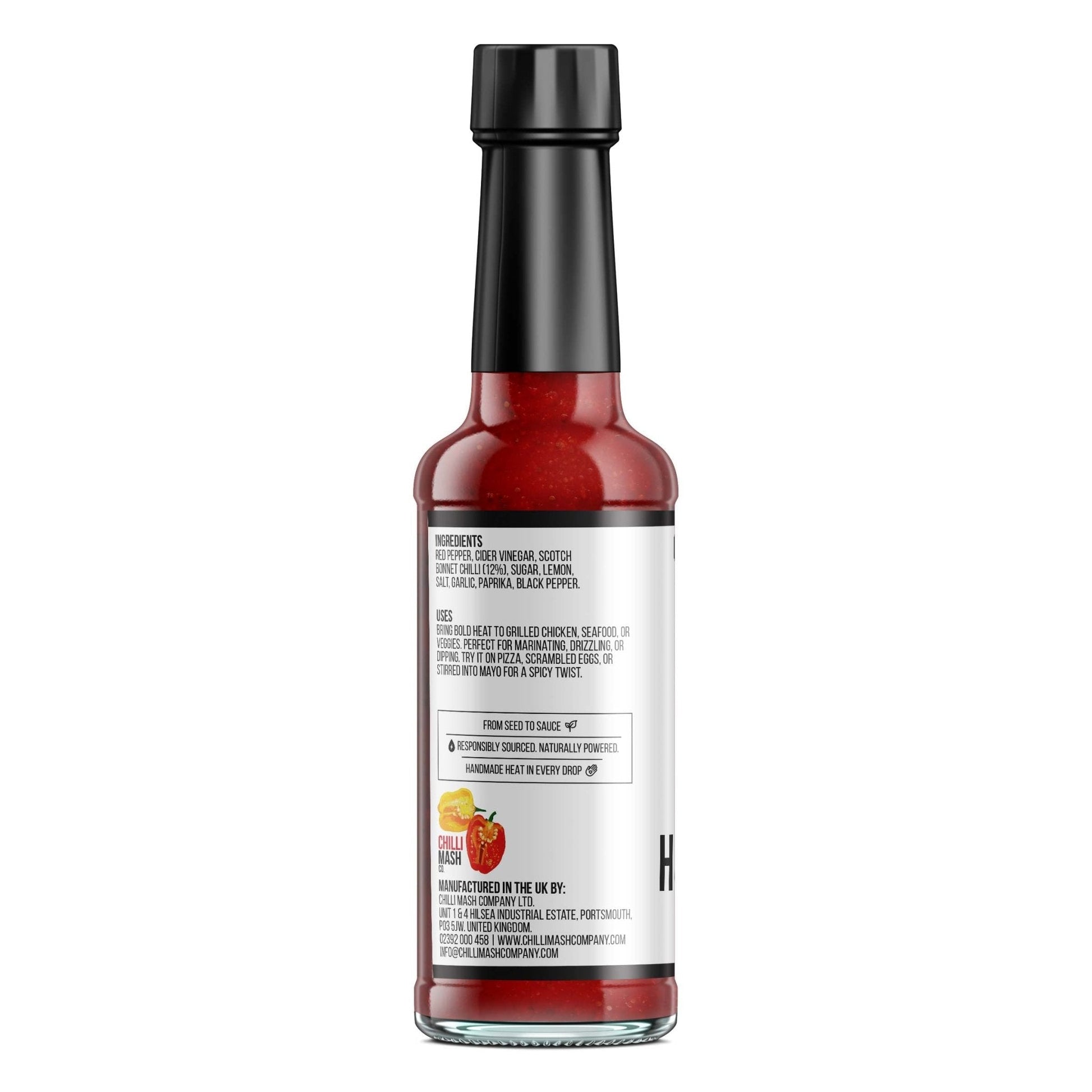 Piri Piri-style hot sauce by Chilli Mash Co. in 150ml bottle, featuring Scotch Bonnet peppers and vibrant chili mash.