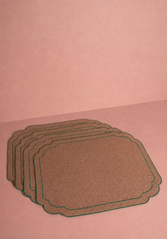 Set of four Hortensia brown and green placemats by Casa by Josephine Jenno, featuring floral-inspired design and woven texture.