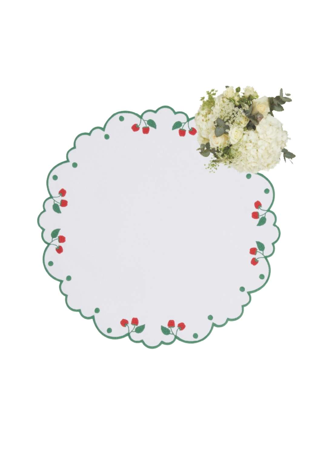 Set of four Ripe Cherry round placemats by Casa by Josephine Jenno, featuring vibrant cherry pattern on woven fabric surface.
