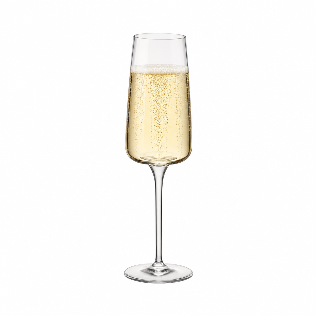 Set of four Bormioli Rocco Planeo champagne flutes holding 260ml, clear glassware with elegant tall design.