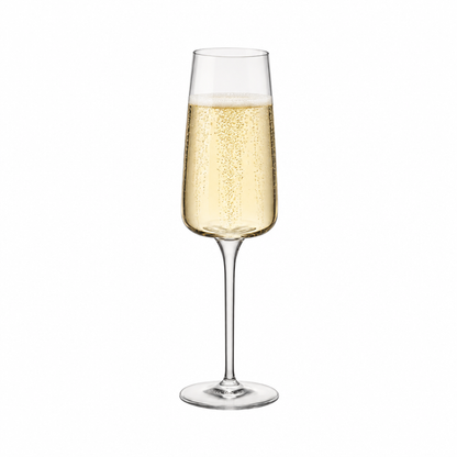 Set of four Bormioli Rocco Planeo champagne flutes holding 260ml, clear glassware with elegant tall design.