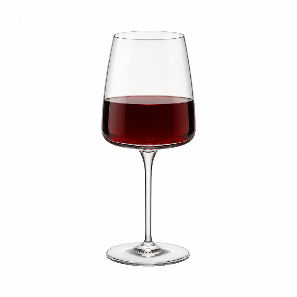Set of four Bormioli Rocco Planeo red wine glasses with 480ml capacity, clear glassware designed for serving red wine.
