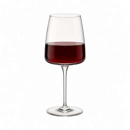 Set of four Bormioli Rocco Planeo red wine glasses with 480ml capacity, clear glassware designed for serving red wine.