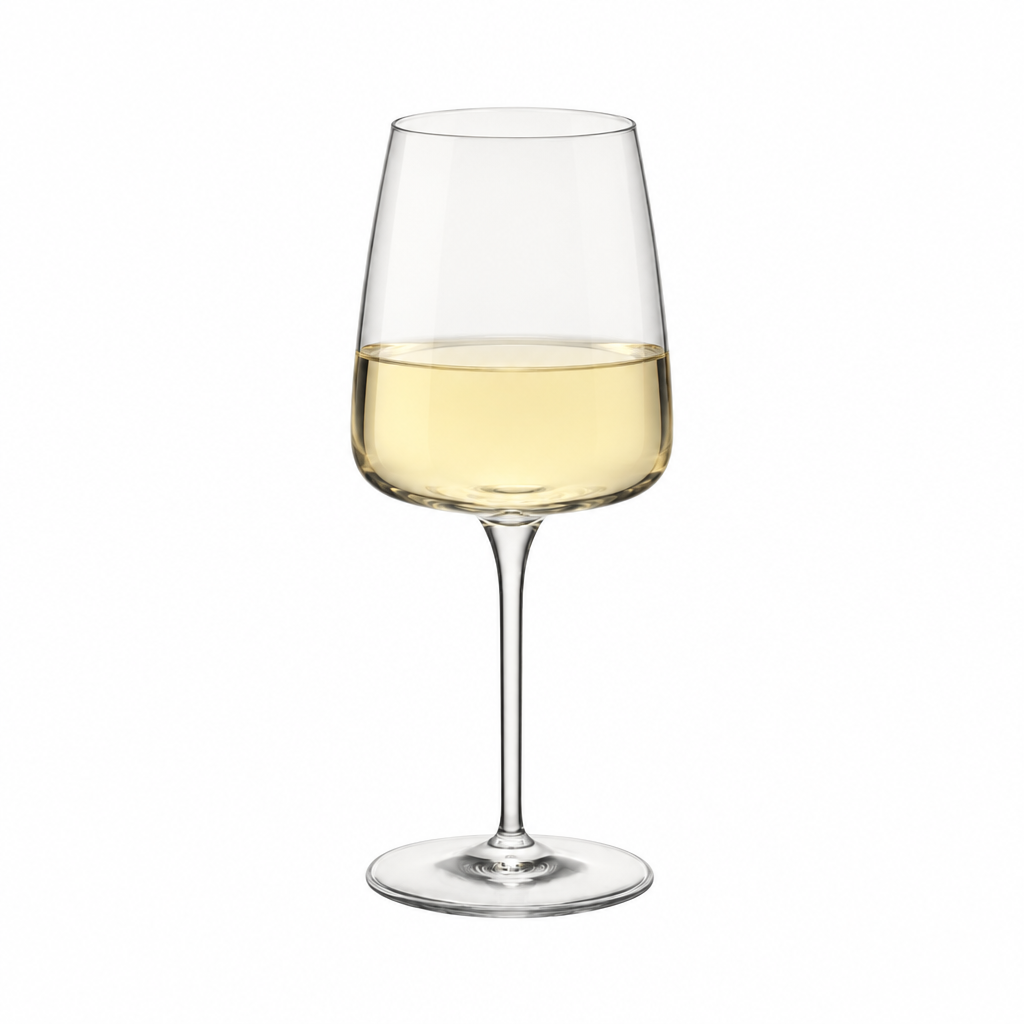 Set of four Bormioli Rocco Planeo white wine glasses, 380ml capacity, clear glass with elegant stem and bowl design.