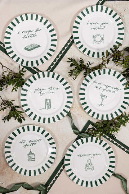 Set of Avalon Home UK Have You Eaten Bone China plates with elegant floral patterns and smooth white finish.