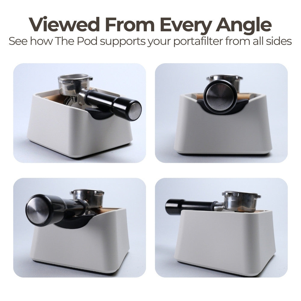 KNOCDIC® Coffee Knock Box The Pod with stainless steel body and rubber bar for espresso puck disposal, angled view.