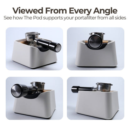 KNOCDIC® Coffee Knock Box The Pod with stainless steel body and rubber bar for espresso puck disposal, angled view.