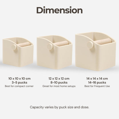 KNOCDIC® Square Espresso Knock Box with oak knock bar for espresso machine cleanup, sturdy black metal construction with wooden handle.