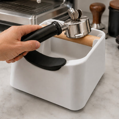 KNOCDIC® Pod Coffee Knock Box in use, stainless steel espresso coffee grounds container with a durable, sleek design.