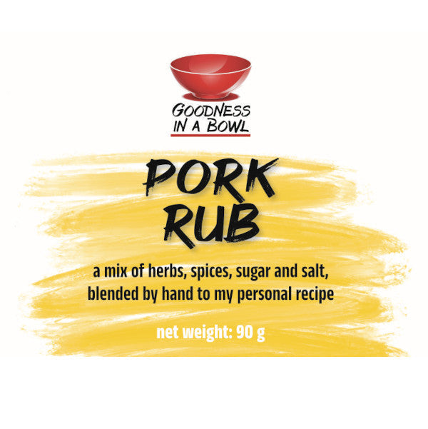 Jar of GOODNESS IN A BOWL pork rub seasoning with a label, ideal for enhancing grilled or smoked pork dishes.
