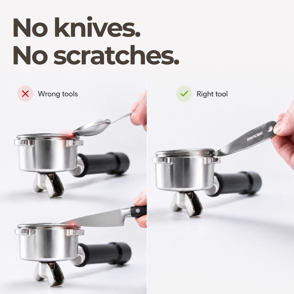 KNOCDIC® portafilter basket lifter tool with ergonomic handle for easy removal of portafilter baskets in coffee machines.