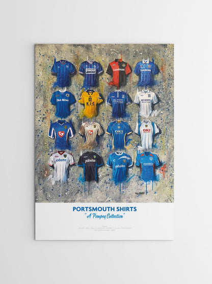Limited edition Portsmouth FC signed A2 print by Terry Kneeshaw Art featuring team shirts and memorabilia.