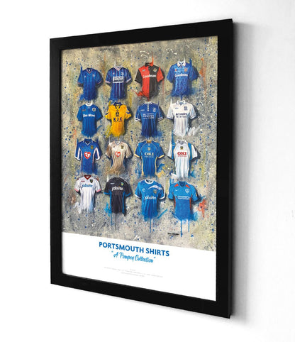 Limited edition Portsmouth FC signed A2 print by Terry Kneeshaw Art showcasing football shirts in vibrant detail.