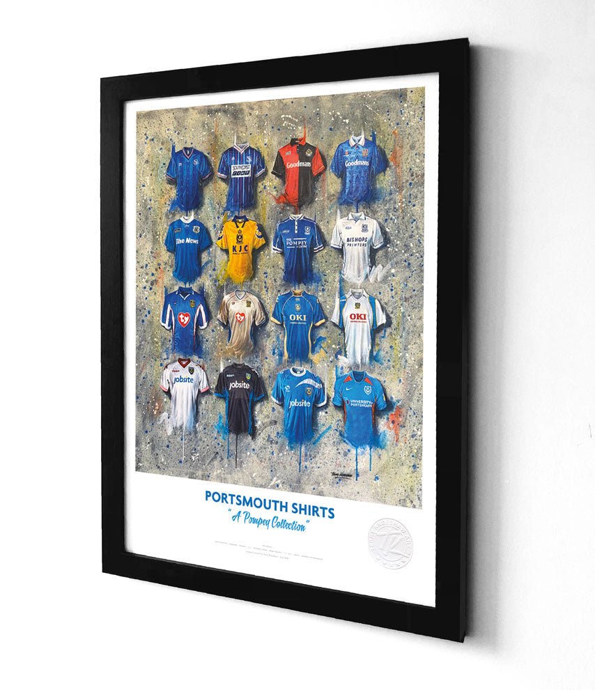 Limited edition Portsmouth FC A3 framed print featuring iconic Pompey shirt wall art by Terry Kneeshaw Art.