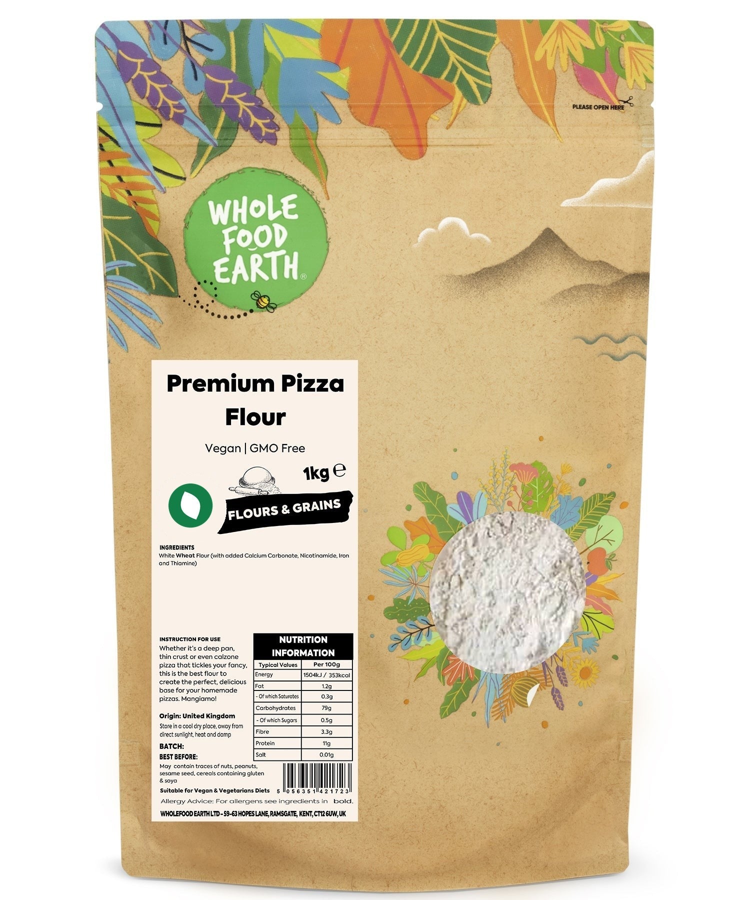 Bag of Caputo premium pizza flour from Whole Food Earth, showing the flour's packaging and branding for baking enthusiasts.
