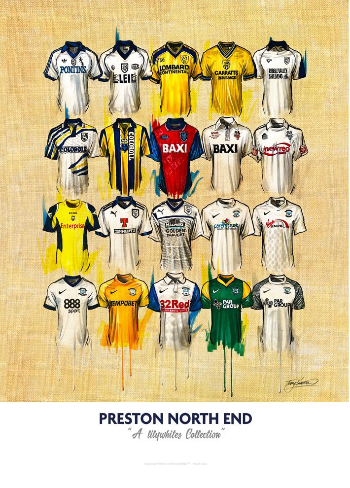 Limited edition signed print of Preston North End FC shirts by Terry Kneeshaw Art, showcasing detailed artwork on A2 paper.