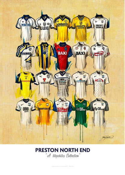 Limited edition signed print of Preston North End FC shirts by Terry Kneeshaw Art, showcasing detailed artwork on A2 paper.