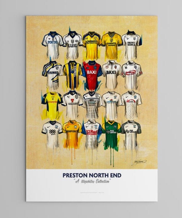 Limited edition signed print of Preston North End FC shirts by Terry Kneeshaw Art, featuring detailed artwork and limited release.