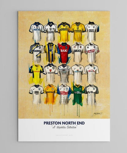 Limited edition signed print of Preston North End FC shirts by Terry Kneeshaw Art, featuring detailed artwork and limited release.
