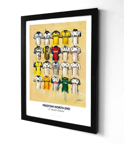 Limited edition signed print of Preston North End FC shirts by Terry Kneeshaw Art, featuring detailed artwork of the team jerseys.