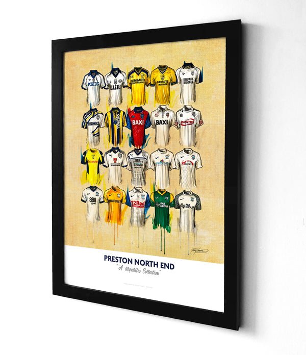 Limited edition A2 signed print of Preston North End FC shirts by Terry Kneeshaw Art, featuring detailed artwork of iconic jerseys.