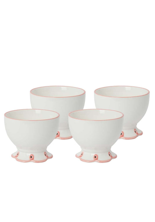 Set of four pink scalloped bowls by Casa by Josephine Jenno, perfect for serving snacks or small treats.
