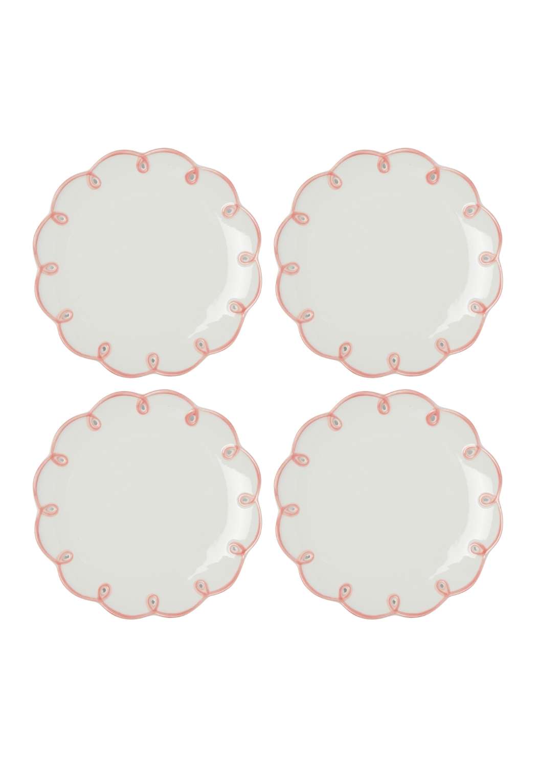 Set of four Pretty in Pink scalloped side plates by Casa by Josephine Jenno, featuring elegant pink design and decorative edges.
