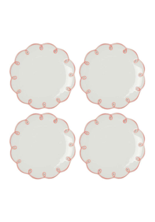 Set of four Pretty in Pink scalloped side plates by Casa by Josephine Jenno, featuring elegant pink design and decorative edges.