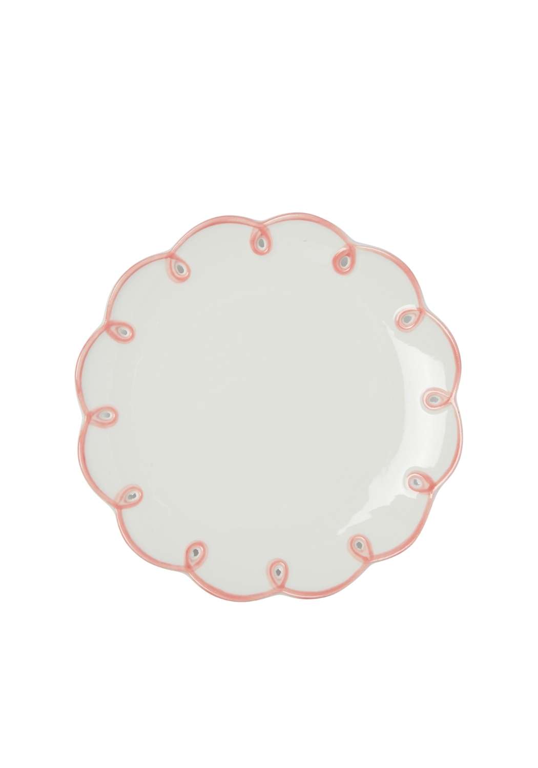 Set of four pink scalloped side plates by Casa Josephine Jenno, featuring elegant design and decorative edges.