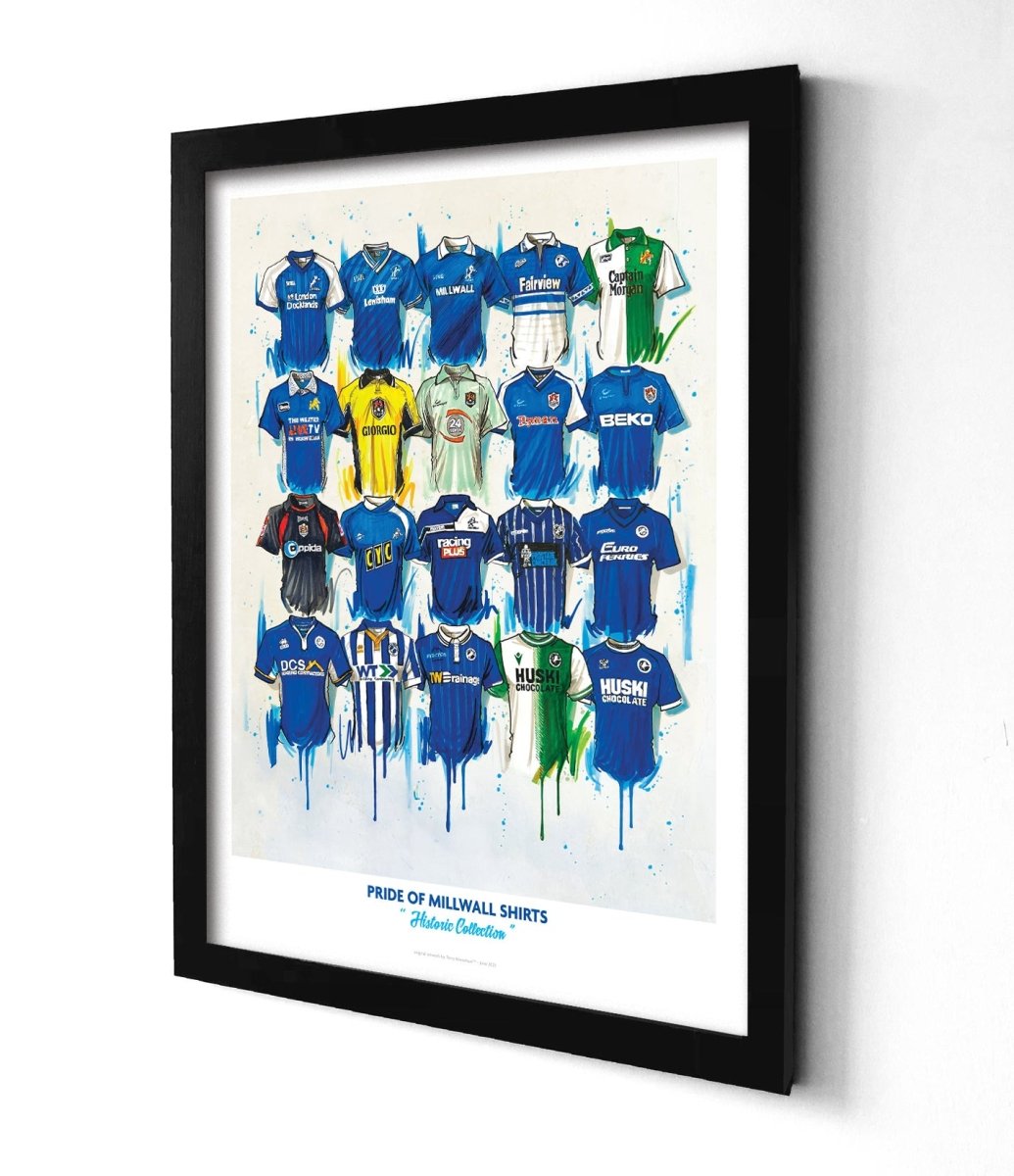 Limited edition A2 signed print of Millwall pride-themed wall art by Terry Kneeshaw Art, featuring detailed football fan imagery.