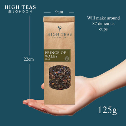 High Teas Prince of Wales loose leaf tea in a 125g pouch, showcasing the tea leaves and packaging.