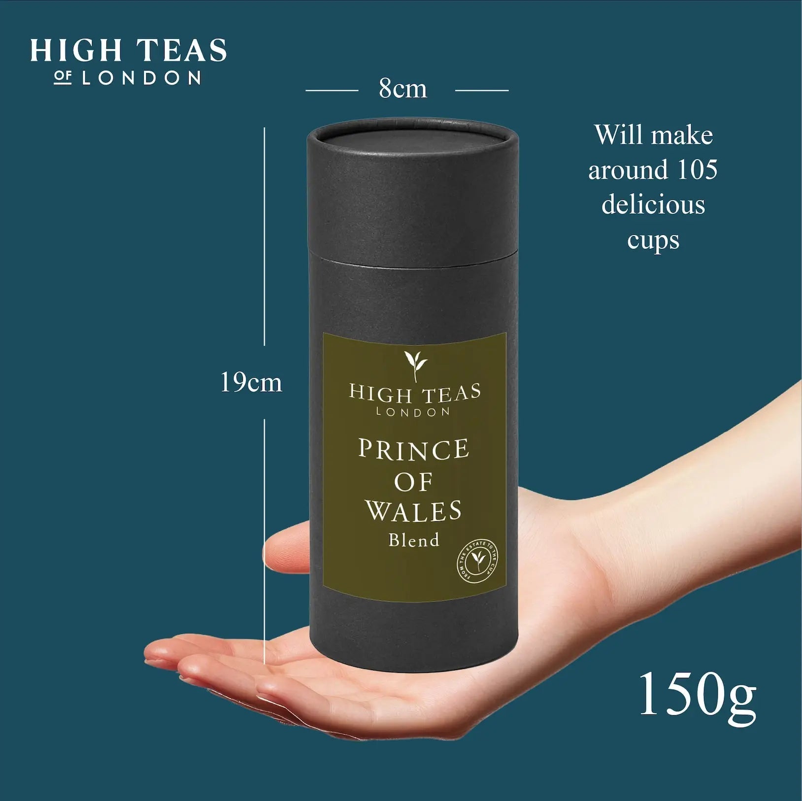 High Teas Prince of Wales loose leaf tea in a 150g tube, showcasing the premium tea leaves and elegant packaging.