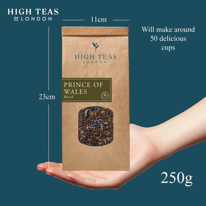 High Teas Prince of Wales loose leaf tea in a 250g pouch, showcasing the aromatic tea leaves for brewing.