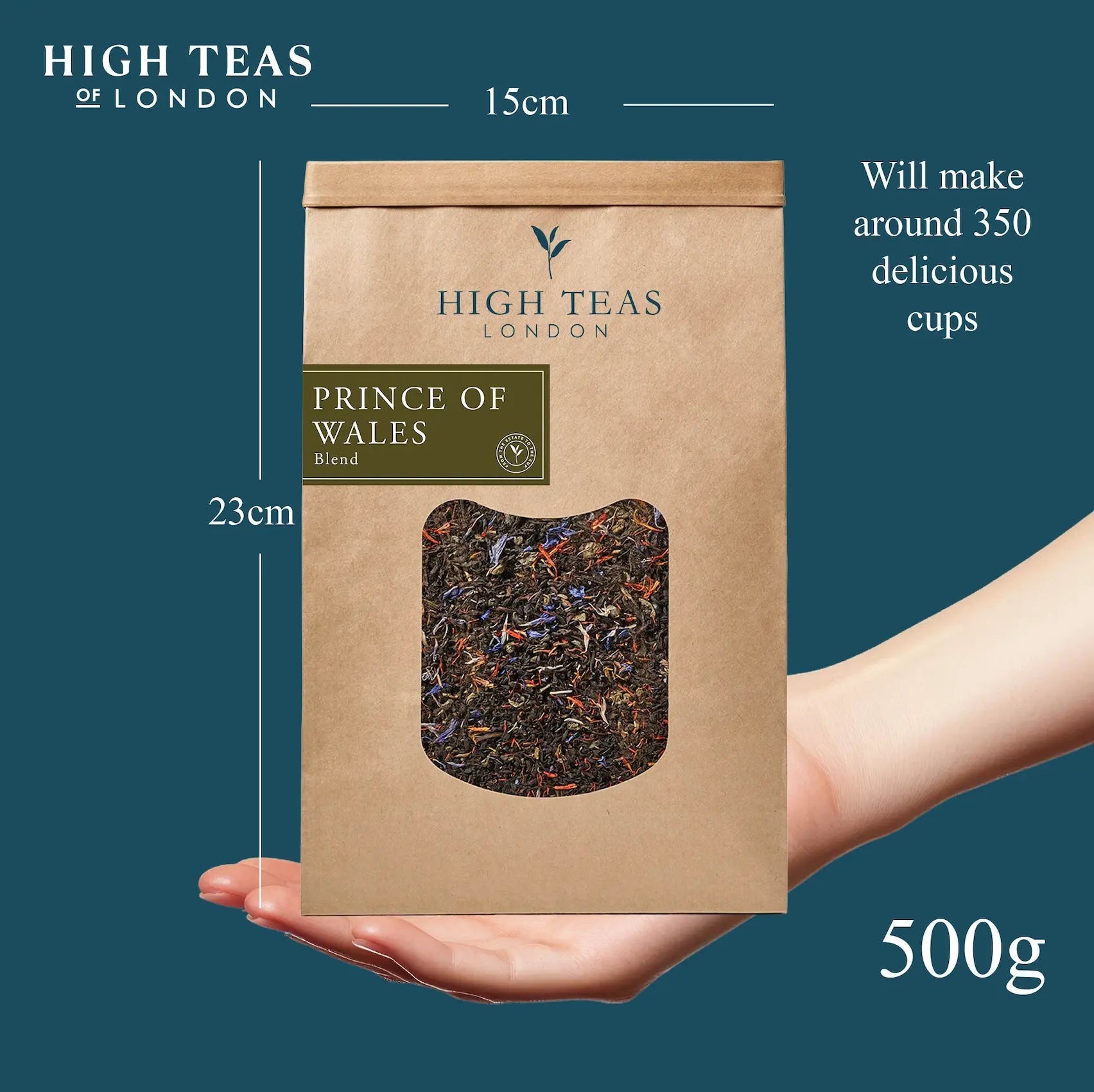 High Teas Prince of Wales loose leaf tea in a 500g pouch, showcasing golden-brown tea leaves for a rich, aromatic brew.