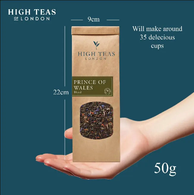 High Teas Prince of Wales loose leaf tea in a 50g pouch, showcasing tea leaves in a clear pouch.