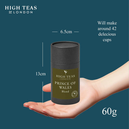 High Teas Prince of Wales loose leaf tea in a 60g tube, showcasing the premium tea leaves and packaging.