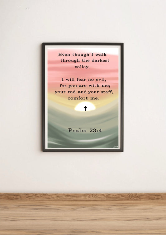 Minimalist Psalm 23:4 print by KEOLIX featuring calming, faith-inspired artwork with soft colors and elegant typography.