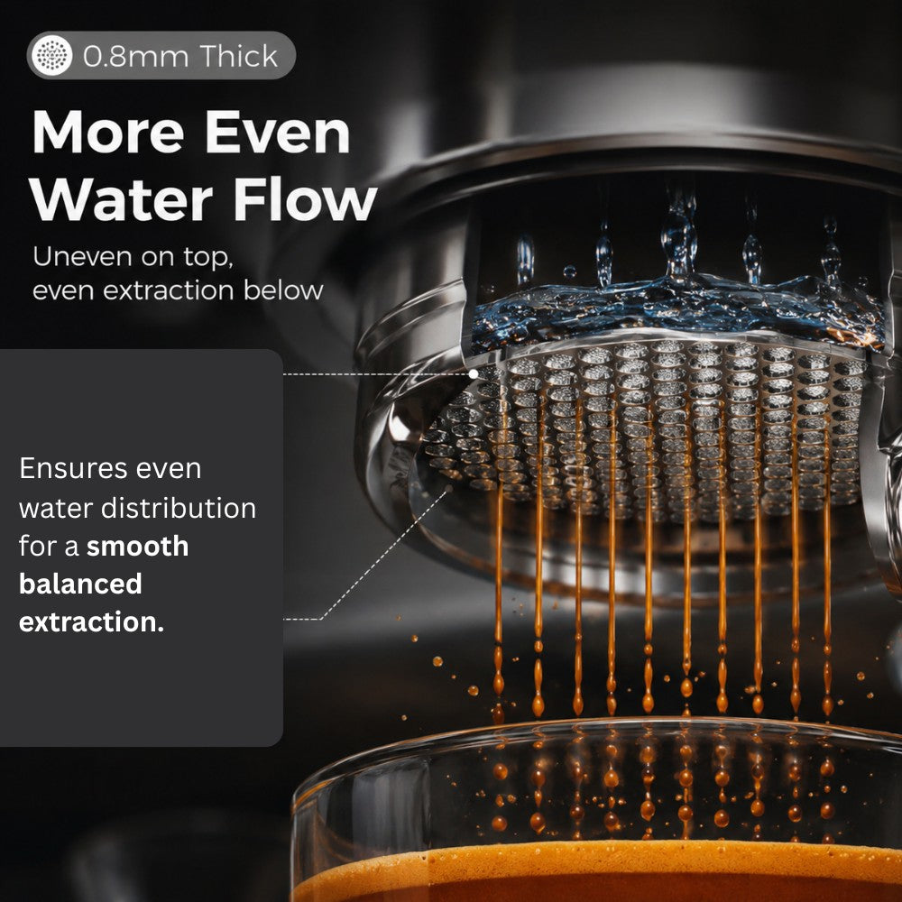 KNOCDIC® espresso puck screen for portafilter basket with detailed mesh design for even coffee extraction.