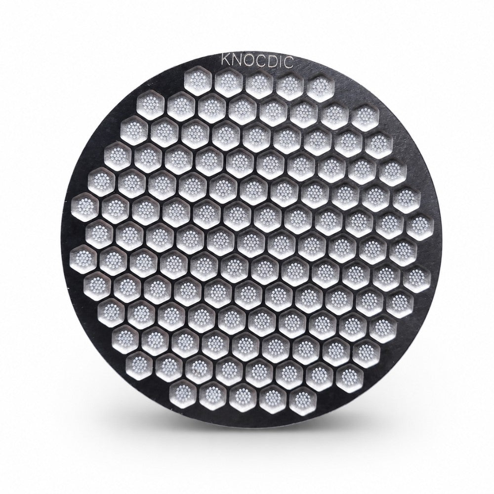KNOCDIC® espresso puck screen for portafilter basket, showing a stainless steel filter screen for even coffee extraction.