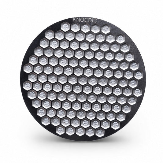 KNOCDIC® espresso puck screen for portafilter basket, showing a stainless steel filter screen for even coffee extraction.