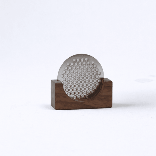 KNOCDIC® espresso puck screen and walnut holder set with stainless steel puck screen and wooden holder for coffee brewing.