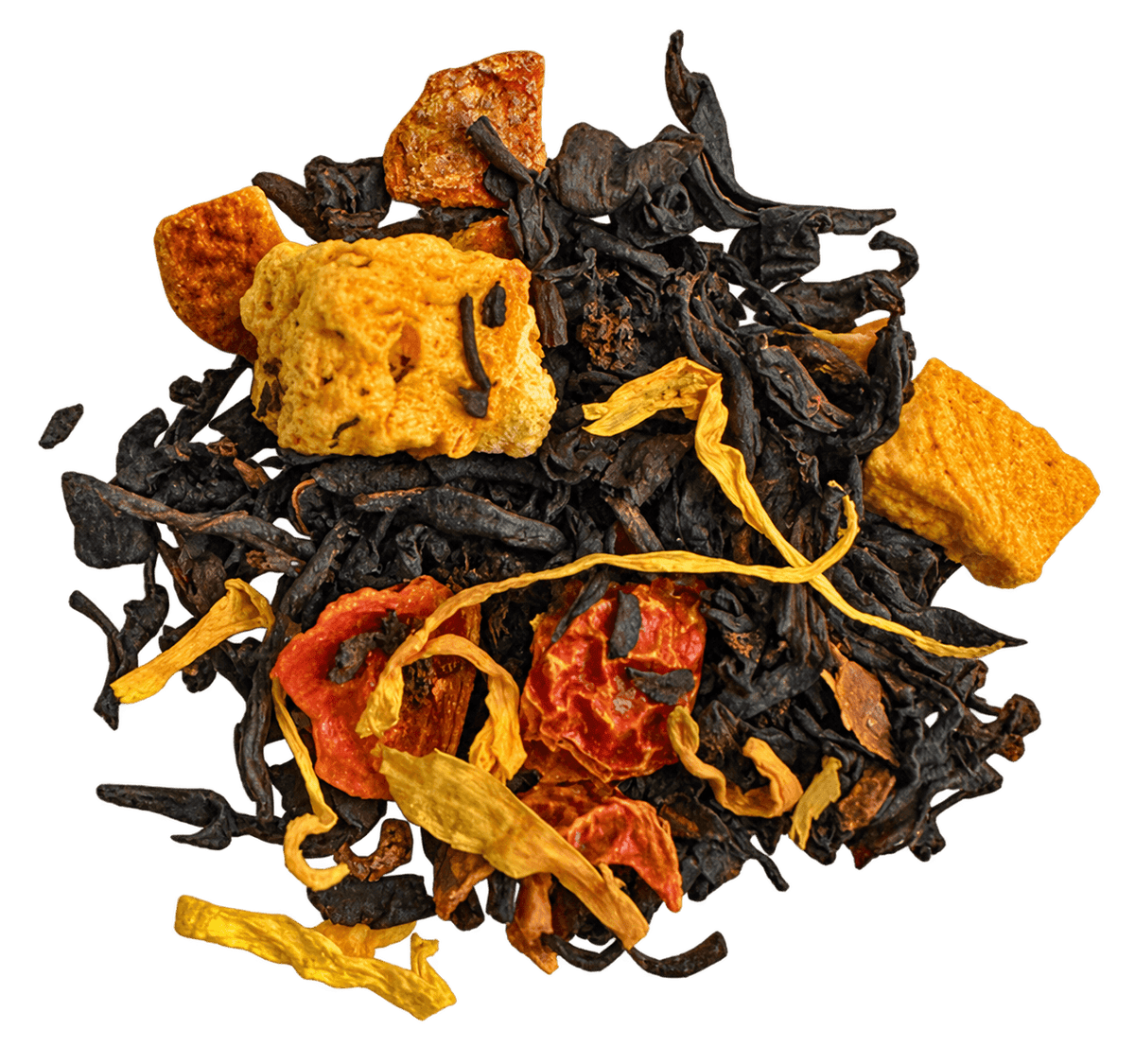 Porter Hill Tea Company's Pumpkin Spice Black Tea in a transparent package with visible tea leaves and spices.