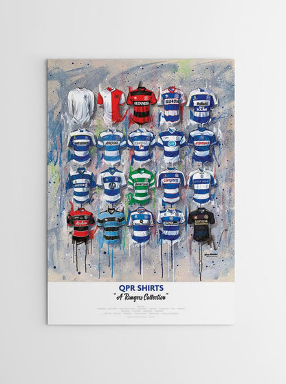Limited edition signed print of QPR FC shirts by Terry Kneeshaw Art, featuring A2 size collectible football artwork.