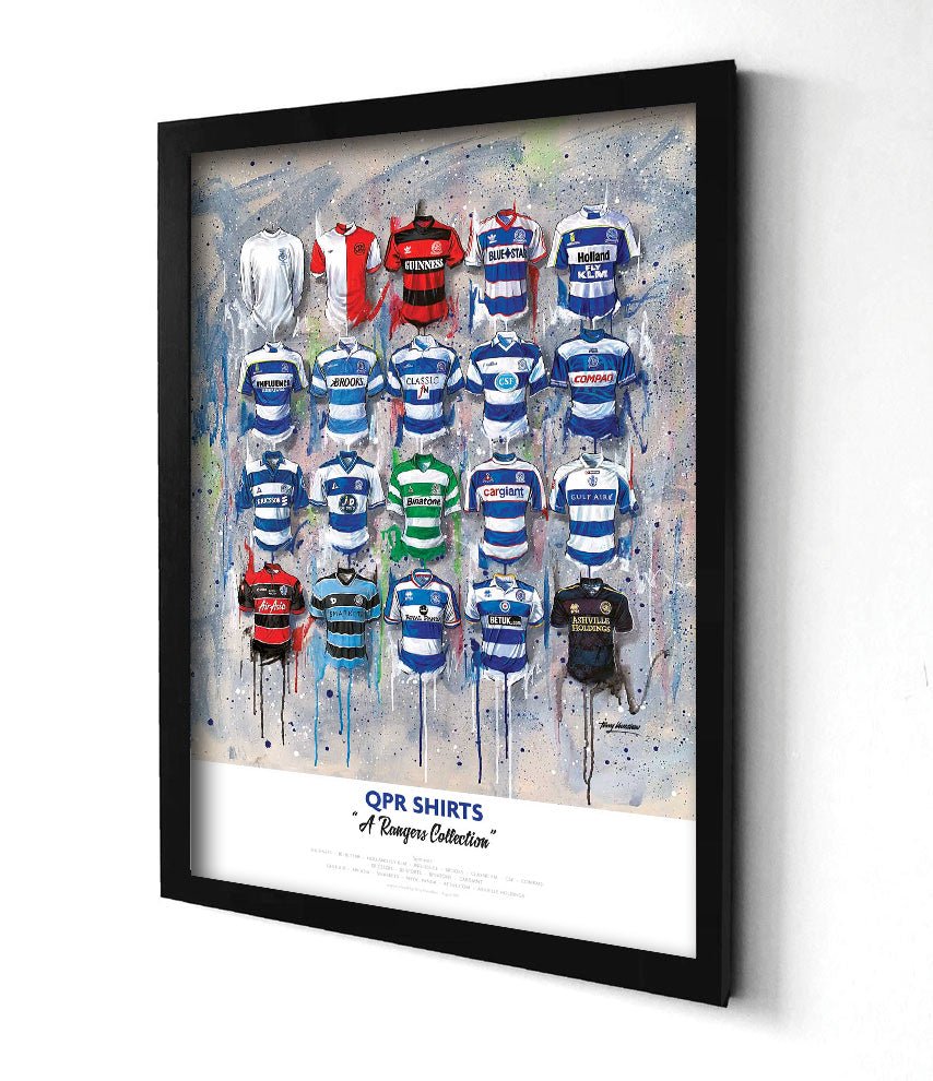Limited edition signed print of QPR FC shirts by Terry Kneeshaw Art, featuring A2-sized collectible football art print.