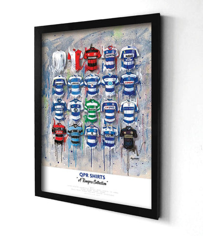 Limited edition signed print of QPR FC shirts by Terry Kneeshaw Art, featuring A2-sized collectible football art print.