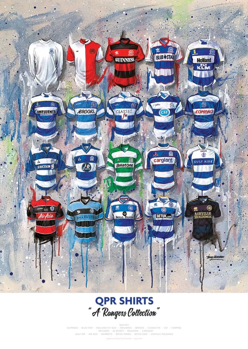 Limited edition signed print of QPR FC shirts by Terry Kneeshaw Art, featuring A2 size collectible artwork.